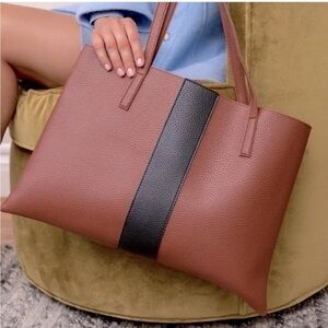 Vince Camuto Pebble Brown leather with black leather‎ strip shoulder bag.